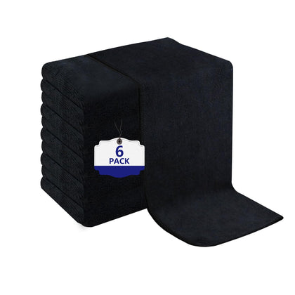 Puomue front view of six black salon towels showing clean professional look and durability