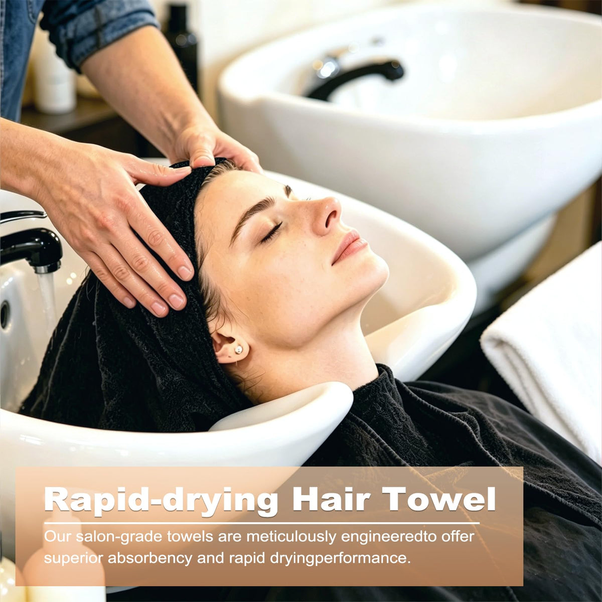 Puomue towel wrapped around client's hair showing gentle, lint-free drying