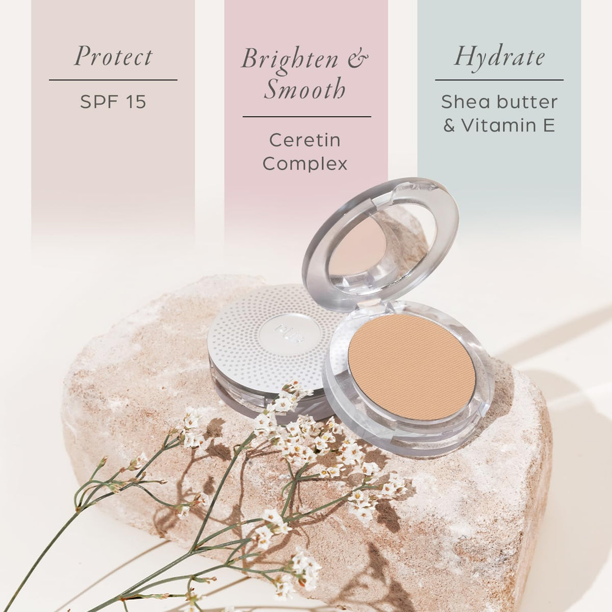 Applying PÜR MINERALS with brush demonstrating buildable coverage and no-mess application