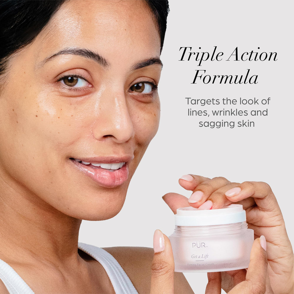 PÜR MINERALS applying cream to face and neck for smoother appearance