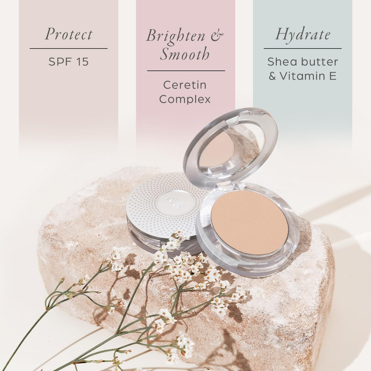PÜR MINERALS compact with brush demonstrating easy application and even coverage