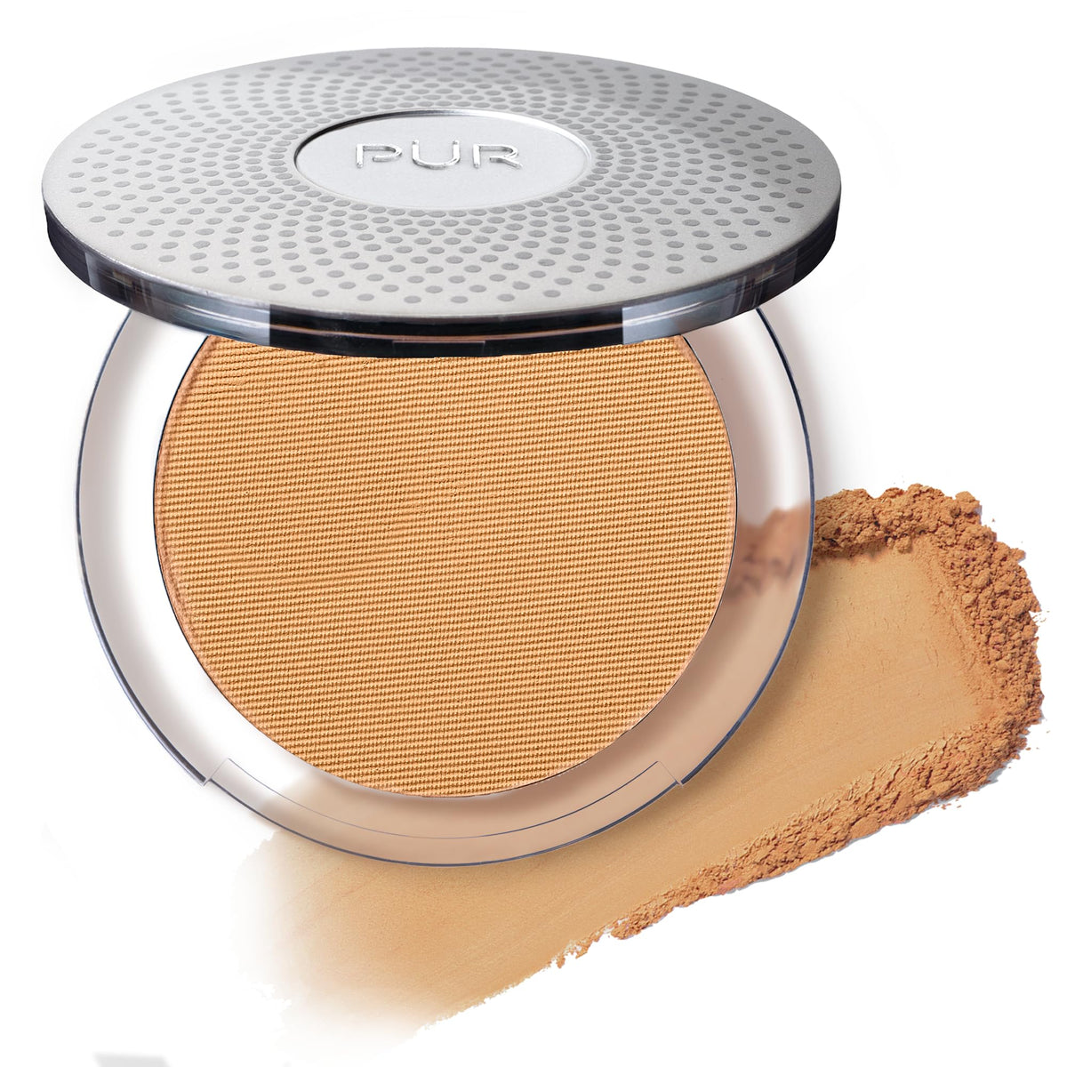 PÜR MINERALS compact front view showing Light Tan shade and sleek packaging benefit: travel-ready