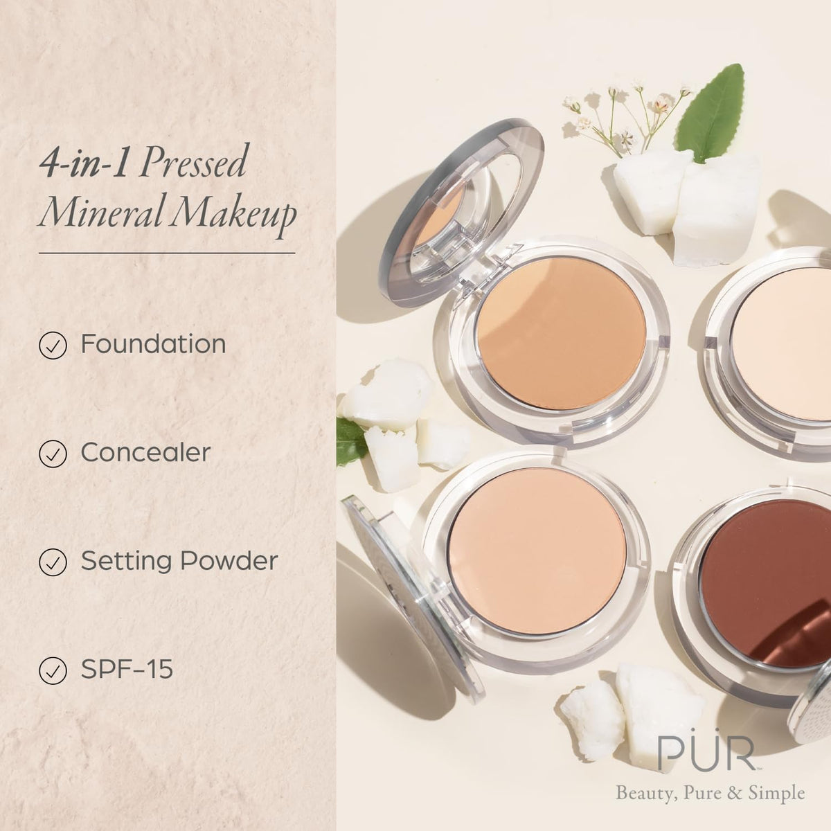 PÜR MINERALS open compact with mirror highlighting travel-ready convenience