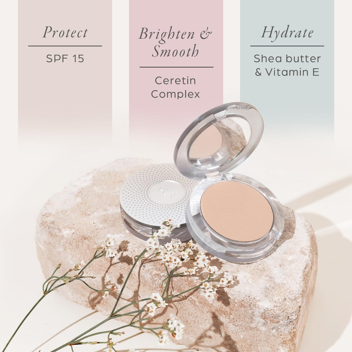 PÜR MINERALS compact with sponge applicator demonstrating on-the-go application convenience