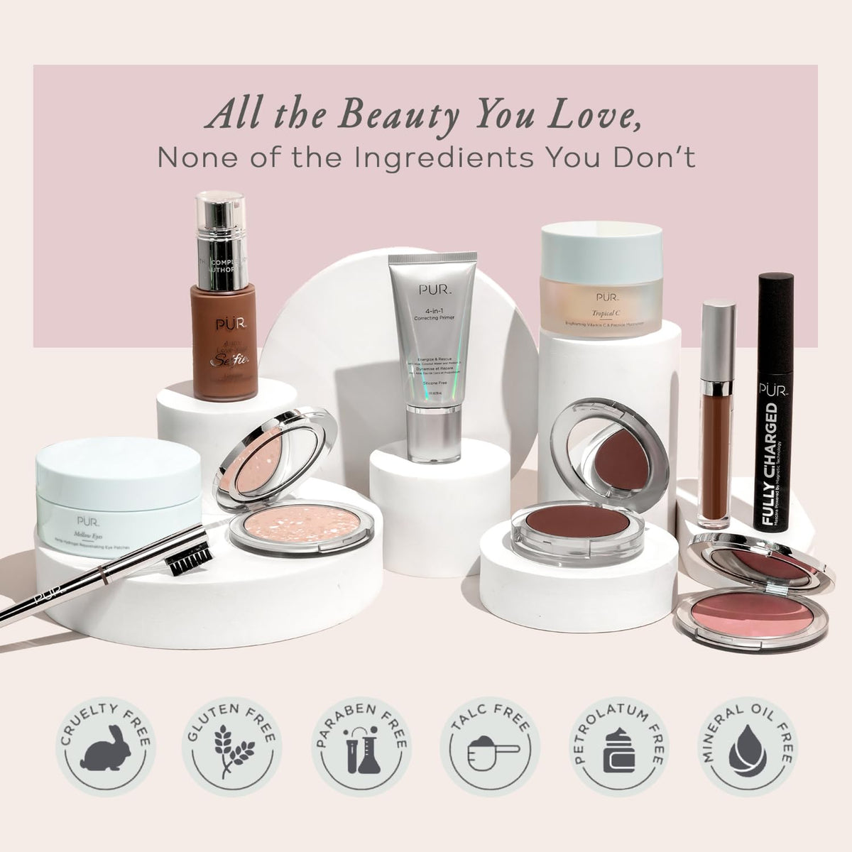 Close-up of PÜR MINERALS ingredients label showing Ceretin Complex and skincare benefits