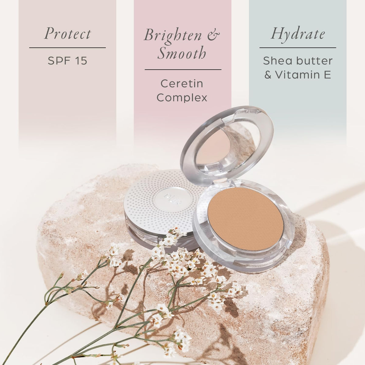 PÜR MINERALS compact in a handbag for on-the-go touchups and travel convenience