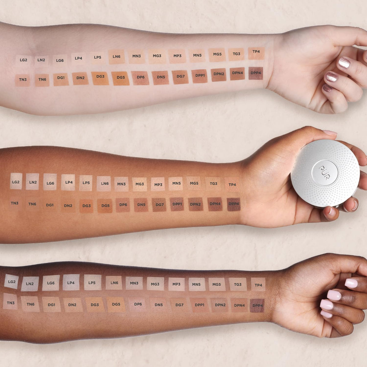 PÜR MINERALS shade swatch on arm demonstrating Beige coverage match