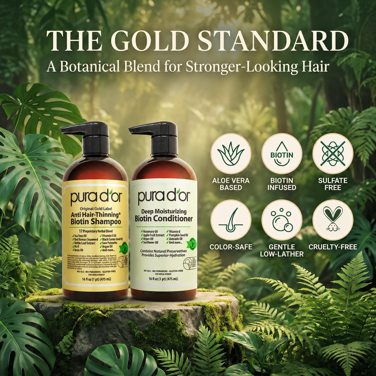 PURA D'OR two 16oz bottles in hand illustrating actual size