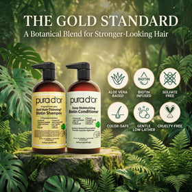 PURA D'OR two 16oz bottles in hand illustrating actual size