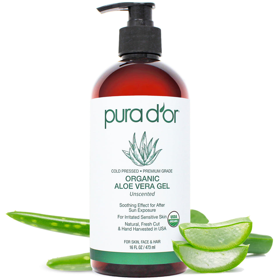 PURA D'OR front bottle view showing packaging and size, clear organic hydration