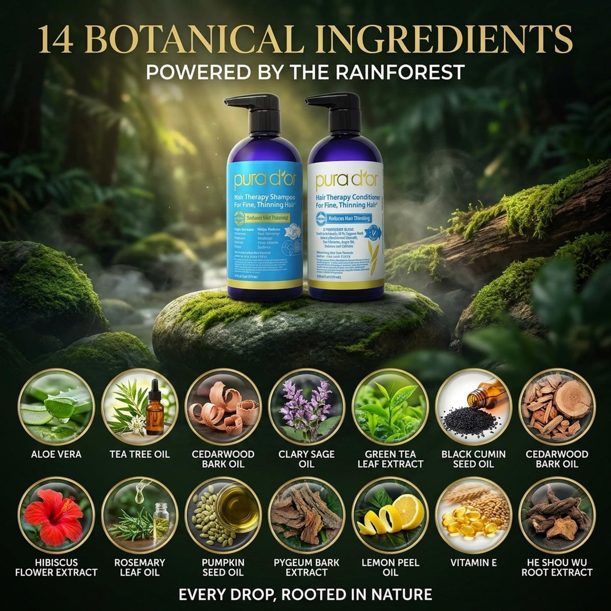 PURA D'OR active ingredients flatlay showing natural extract benefits