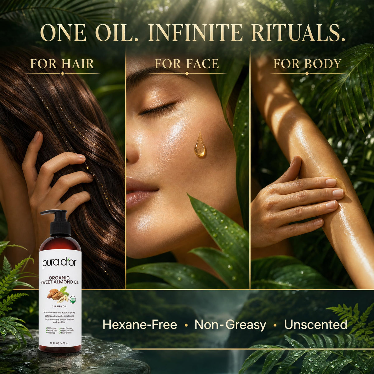 PURA D'OR used on face and hands illustrating lightweight moisturization benefit