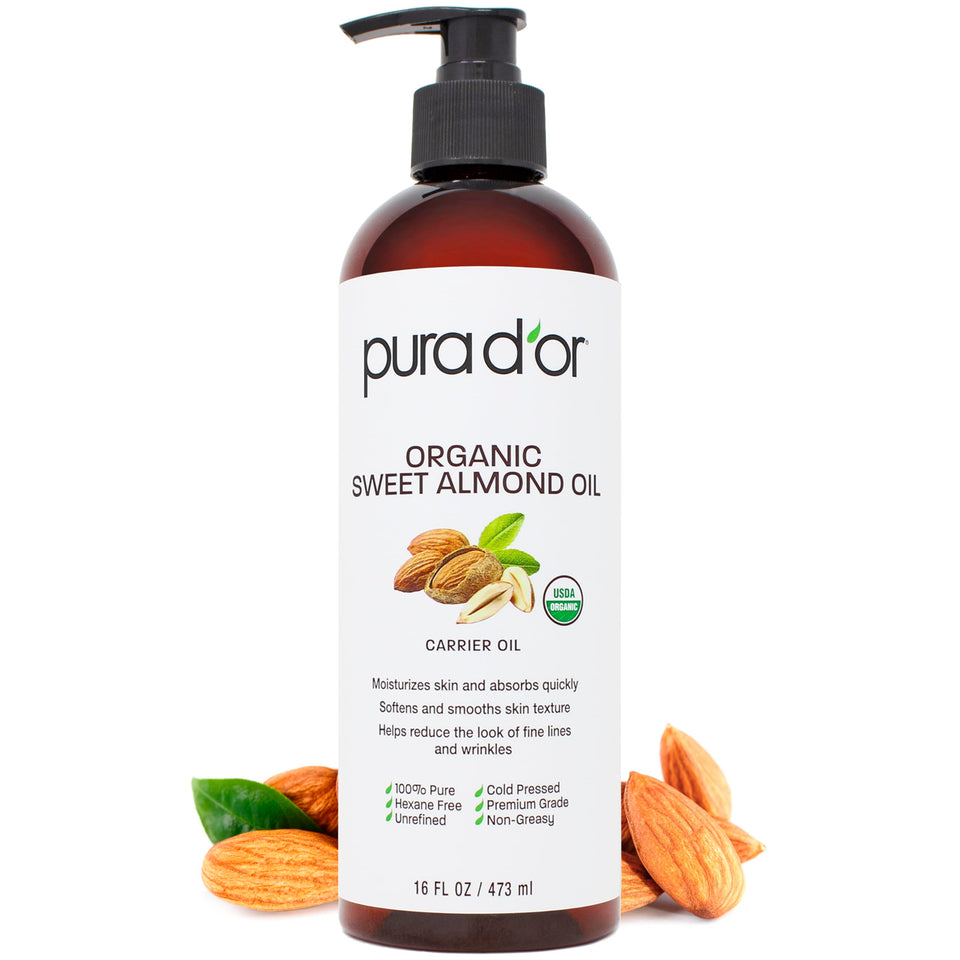 PURA D'OR front packaging showing 16 oz bottle and organic seal for trustworthy purity