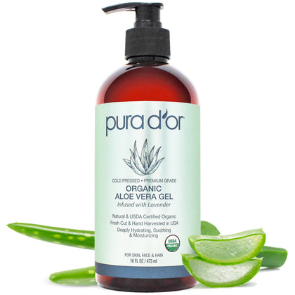 PURA D'OR front label showing USDA Organic seal and lavender benefit