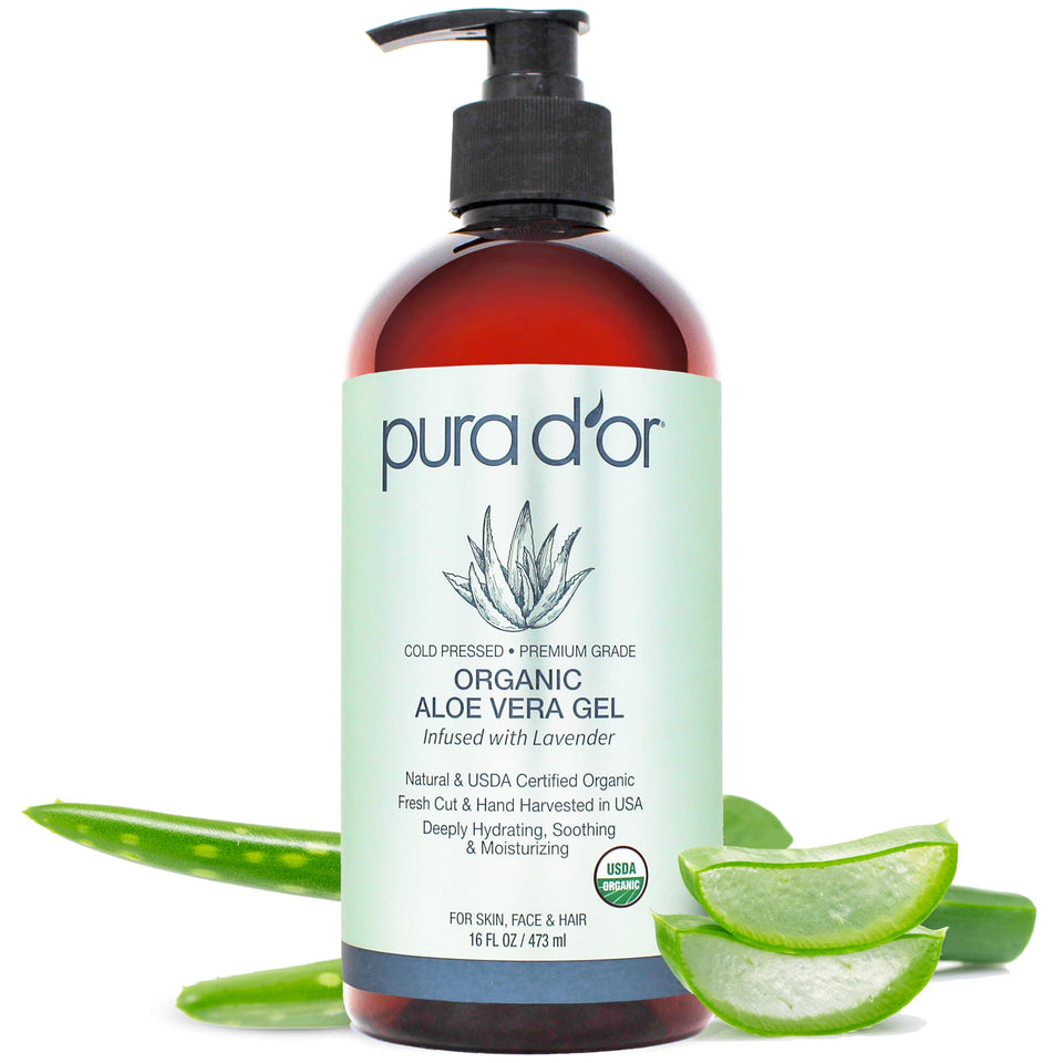 PURA D'OR front label showing USDA Organic seal and lavender benefit