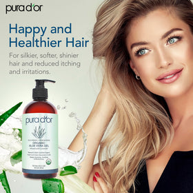 PURA D'OR gel worked into hair showing improved moisture benefit