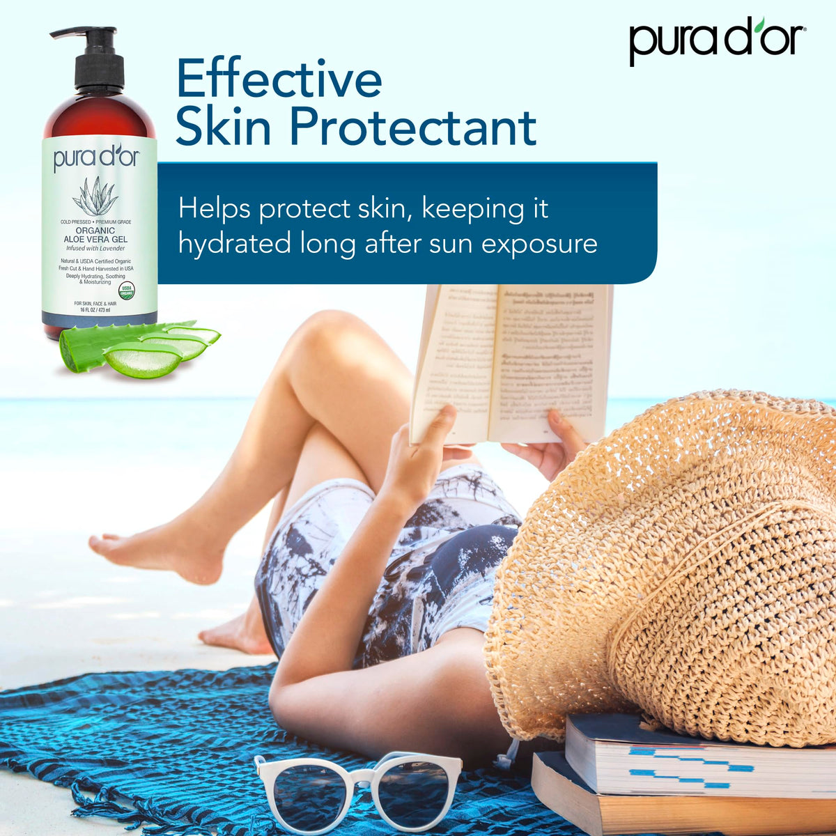 PURA D'OR gel applied to forearm soothing sunburn benefit