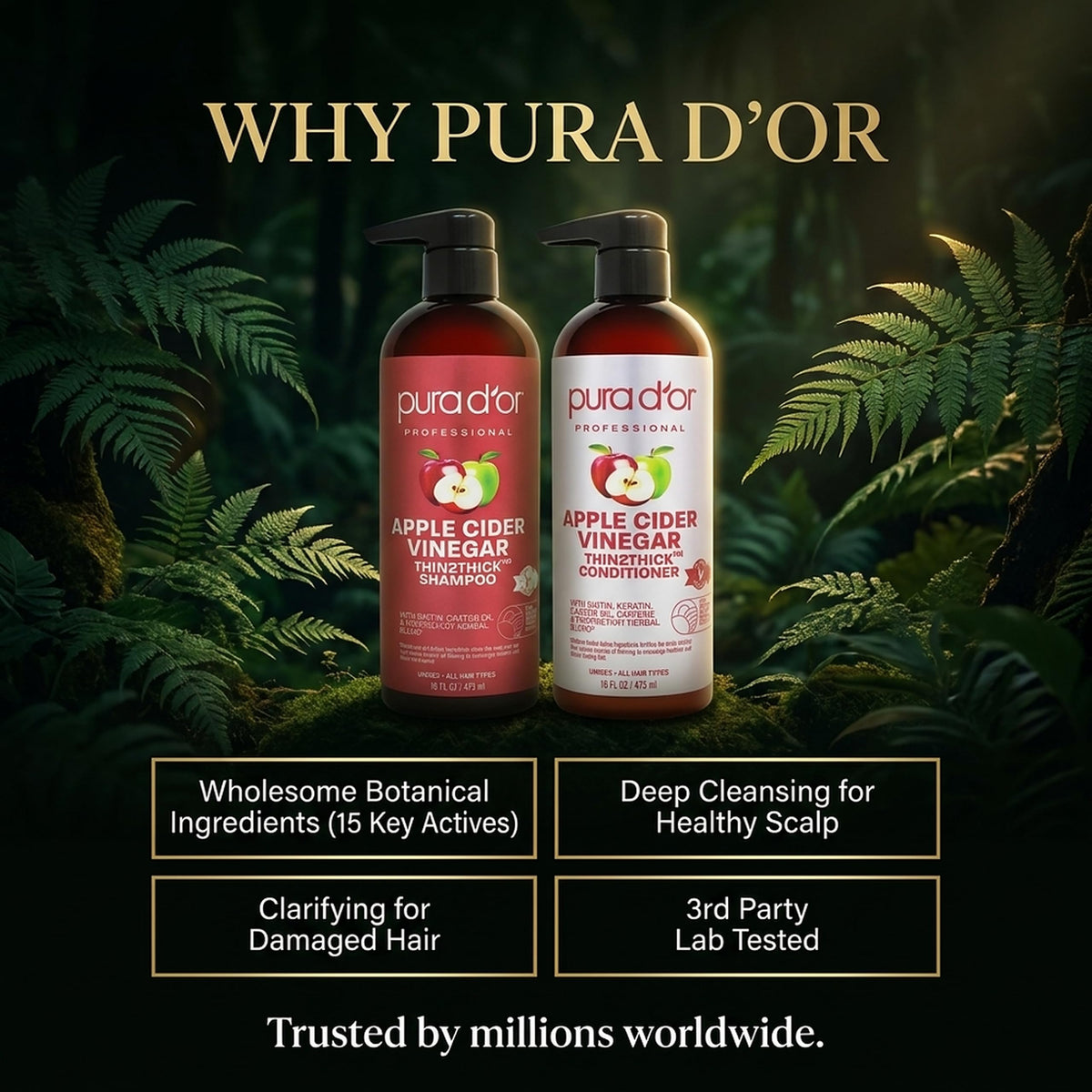 PURA D'OR bottles beside a hand to show 16oz size and real-world scale