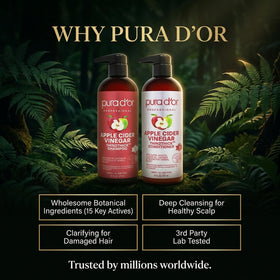 PURA D'OR bottles beside a hand to show 16oz size and real-world scale