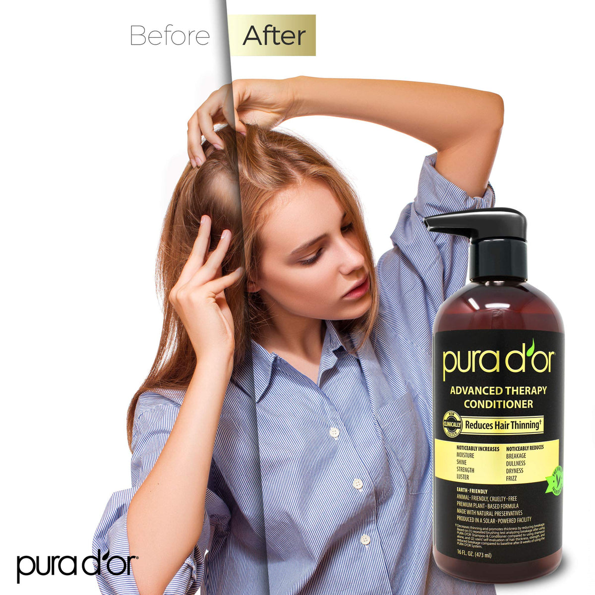 PURA D'OR conditioner being applied in shower for easier detangling