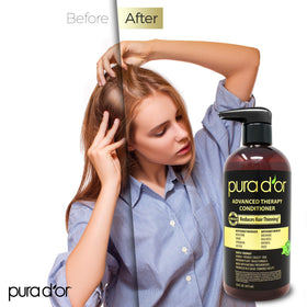 PURA D'OR conditioner being applied in shower for easier detangling