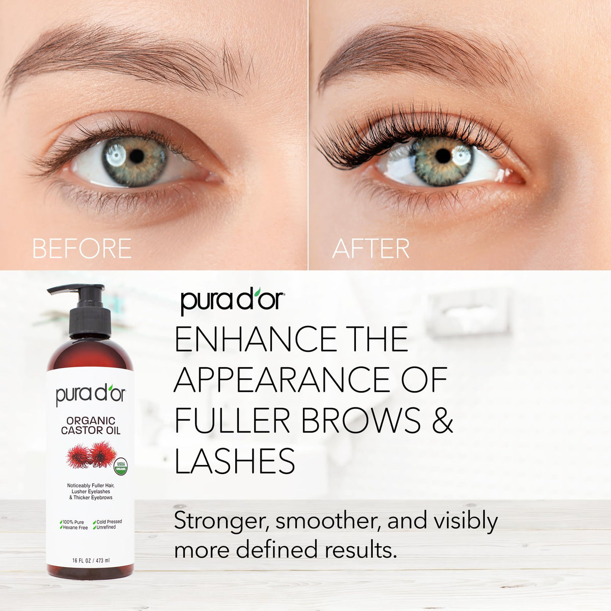 PURA D'OR applied to lashes with spoolie demonstrating conditioning benefit