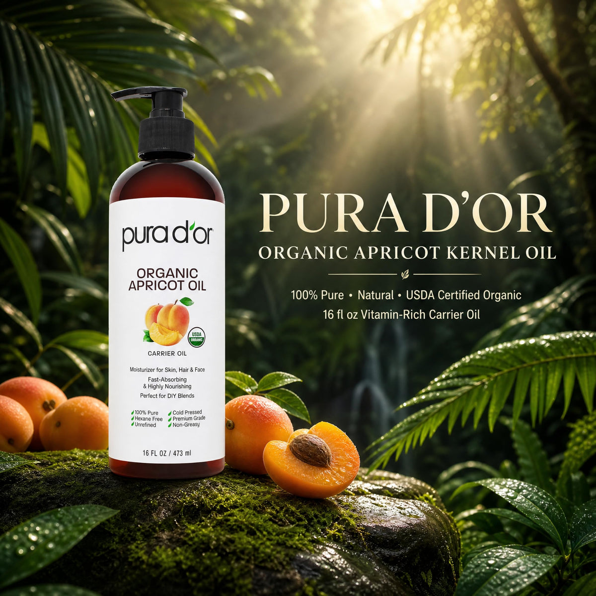 PURA D'OR close-up of apricot oil texture highlighting light, fast-absorbing feel