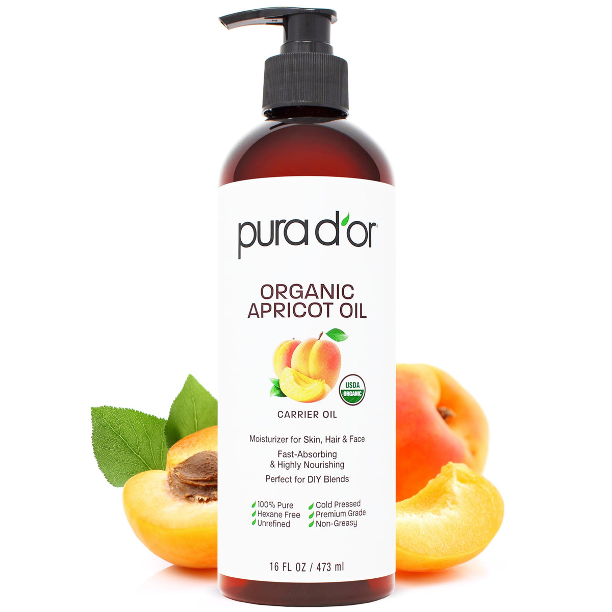 PURA D'OR front bottle view showing clean organic packaging and size benefit