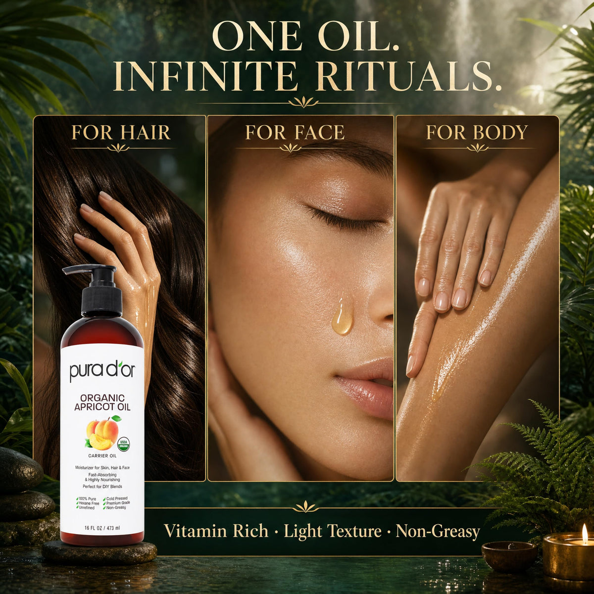 PURA D'OR applied to hair ends demonstrating added shine and reduced frizz