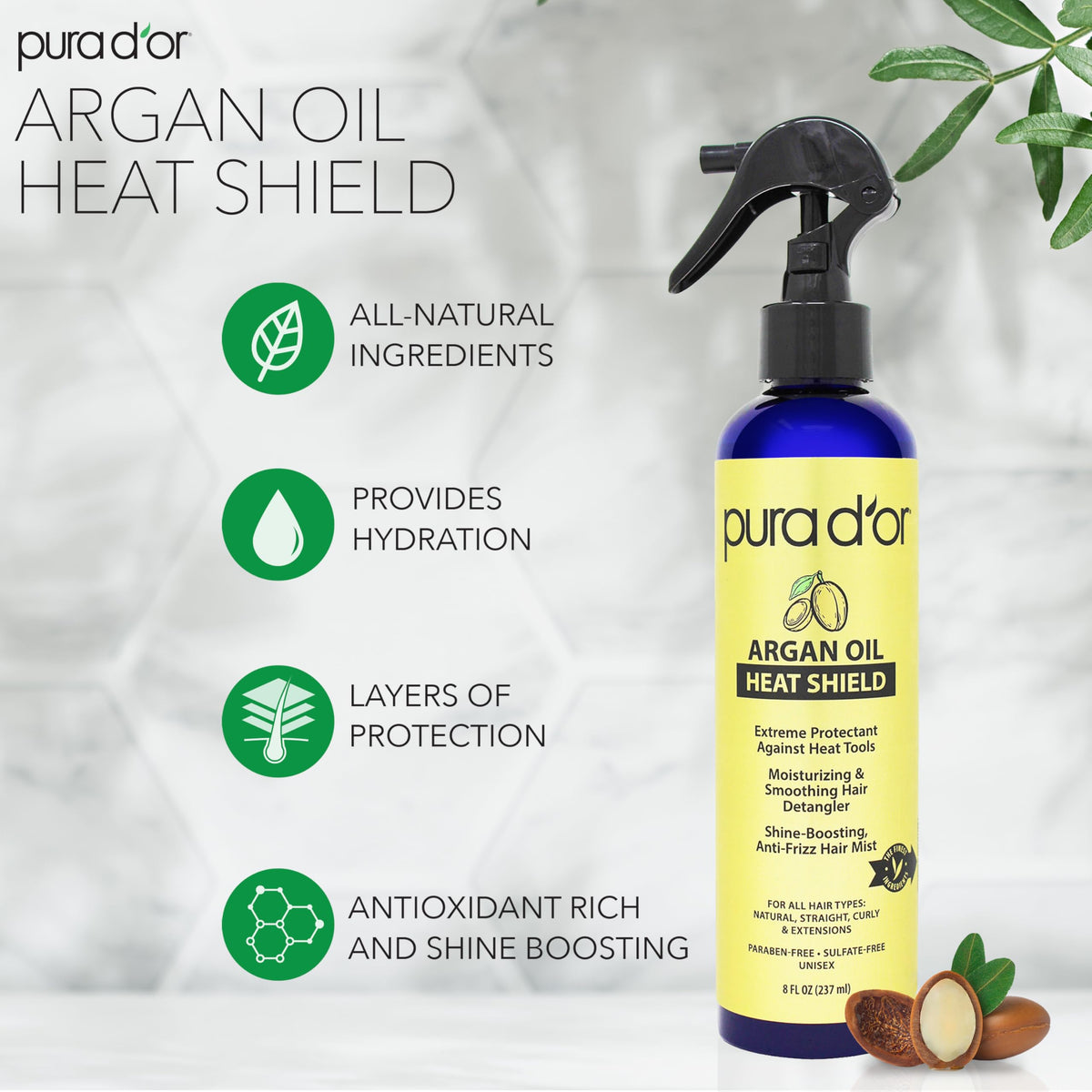 PURA D'OR close-up nozzle shot highlighting easy spray application benefit