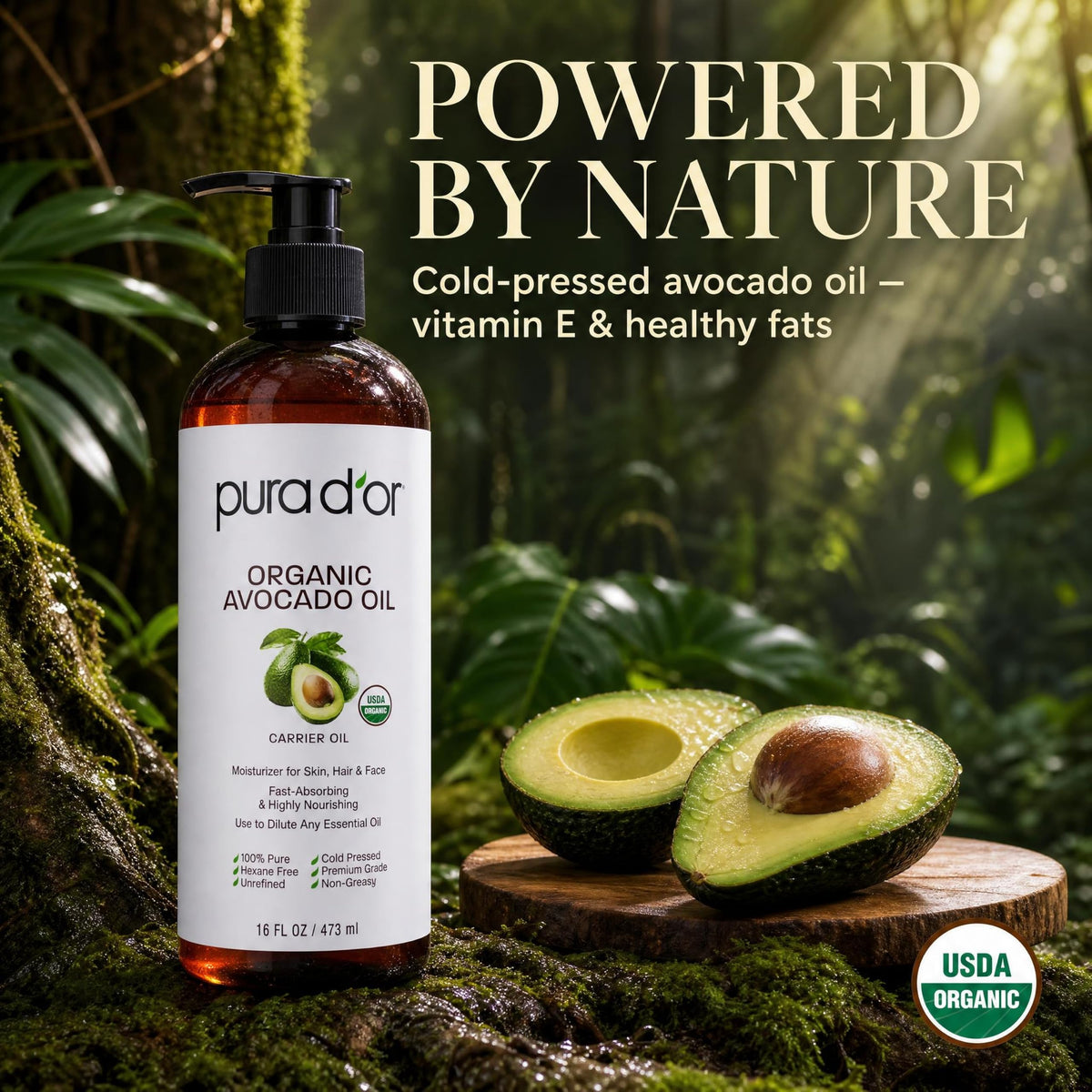 PURA D'OR cap and label detail emphasizing USDA Organic certification and pure ingredient benefit