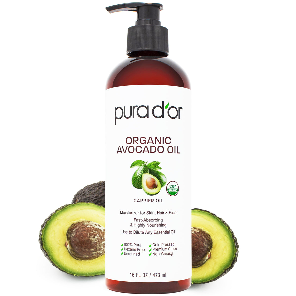 PURA D'OR front bottle shot showing 16 oz organic avocado oil and clean labeling benefit hydration