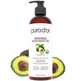 PURA D'OR front bottle shot showing 16 oz organic avocado oil and clean labeling benefit hydration
