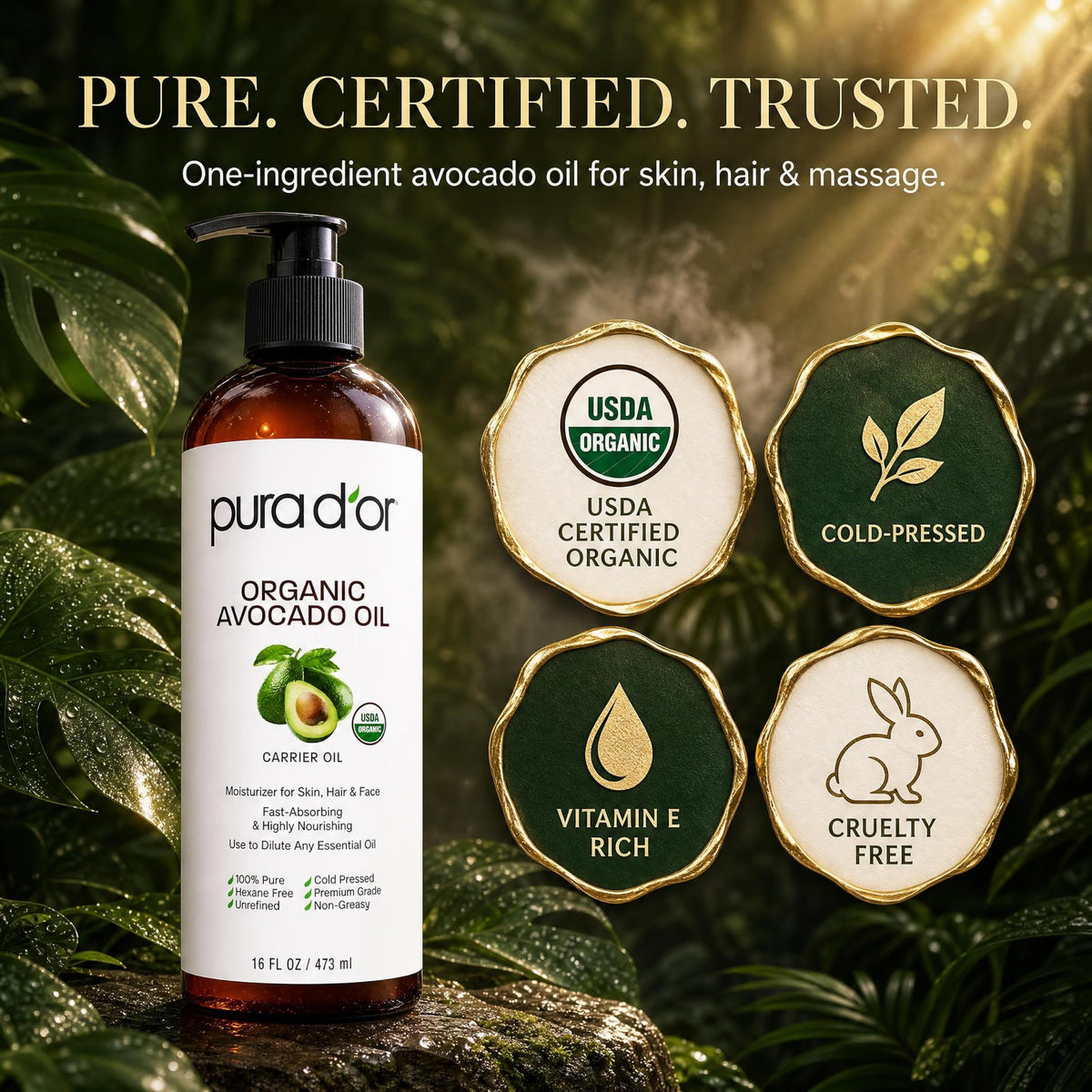 PURA D'OR being applied to hair ends demonstrating shine and frizz control benefit