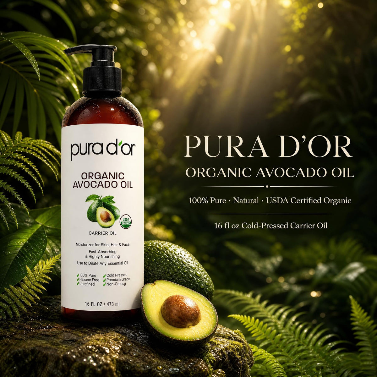 PURA D'OR oil pouring close-up highlighting smooth cold-pressed texture for deep nourishment
