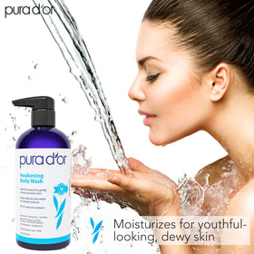 PURA D'OR being applied in shower conveying gentle daily cleanse