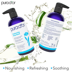 PURA D'OR bottle held in hand illustrating 16 oz size and convenience