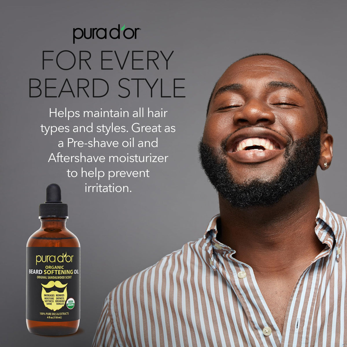 PURA D'OR applying oil to beard to illustrate reduced itch and smoother hair benefit