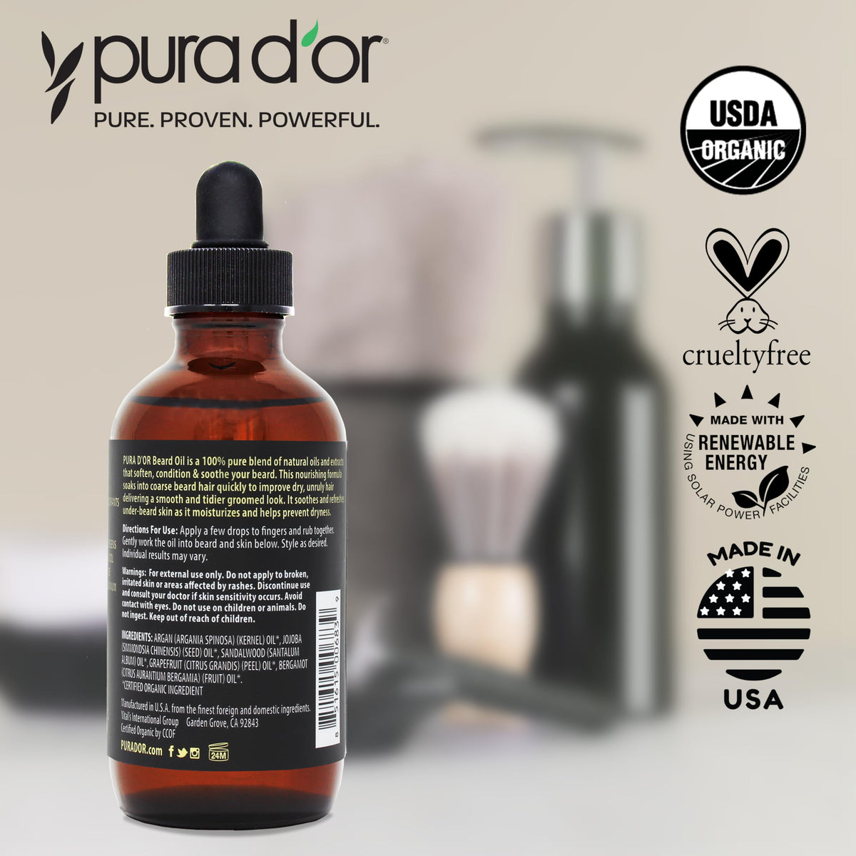 PURA D'OR bottle on bathroom vanity styled to show everyday grooming convenience