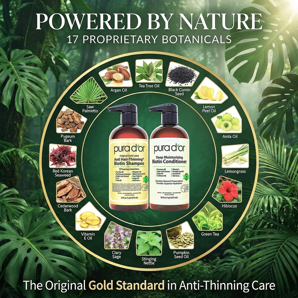 PURA D'OR botanical ingredients display highlighting natural nutrients