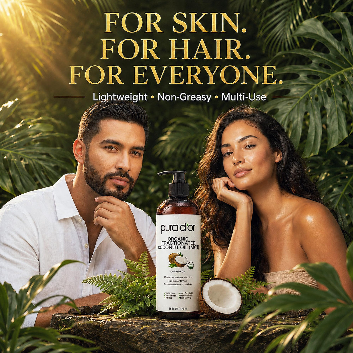 PURA D'OR bottle on bathroom shelf in lifestyle scene for daily routine use