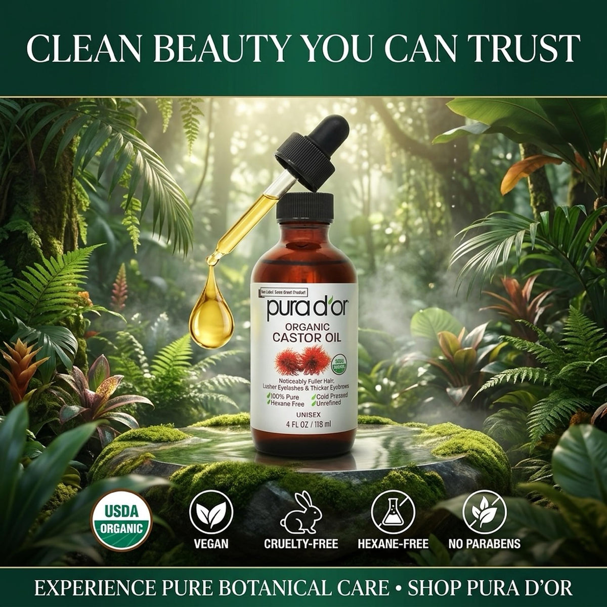 PURA D'OR bottle held by hand showing 4 oz size for scale and convenience