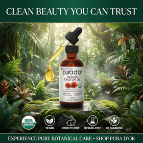 PURA D'OR bottle held by hand showing 4 oz size for scale and convenience
