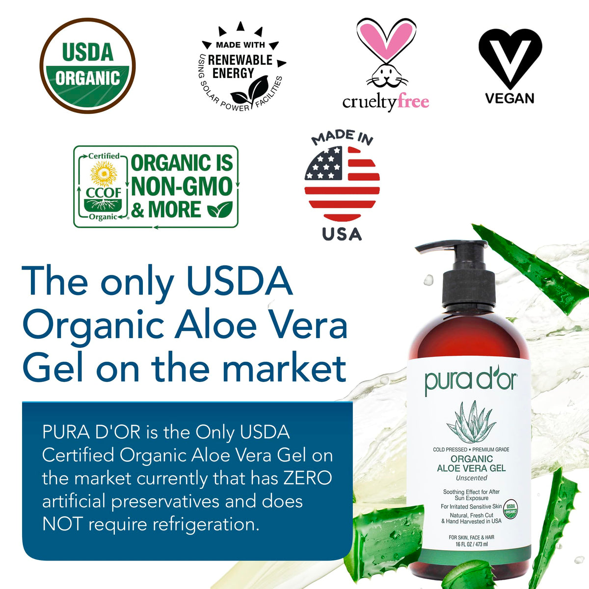PURA D'OR gel texture close-up revealing clear, lightweight moisturizing gel
