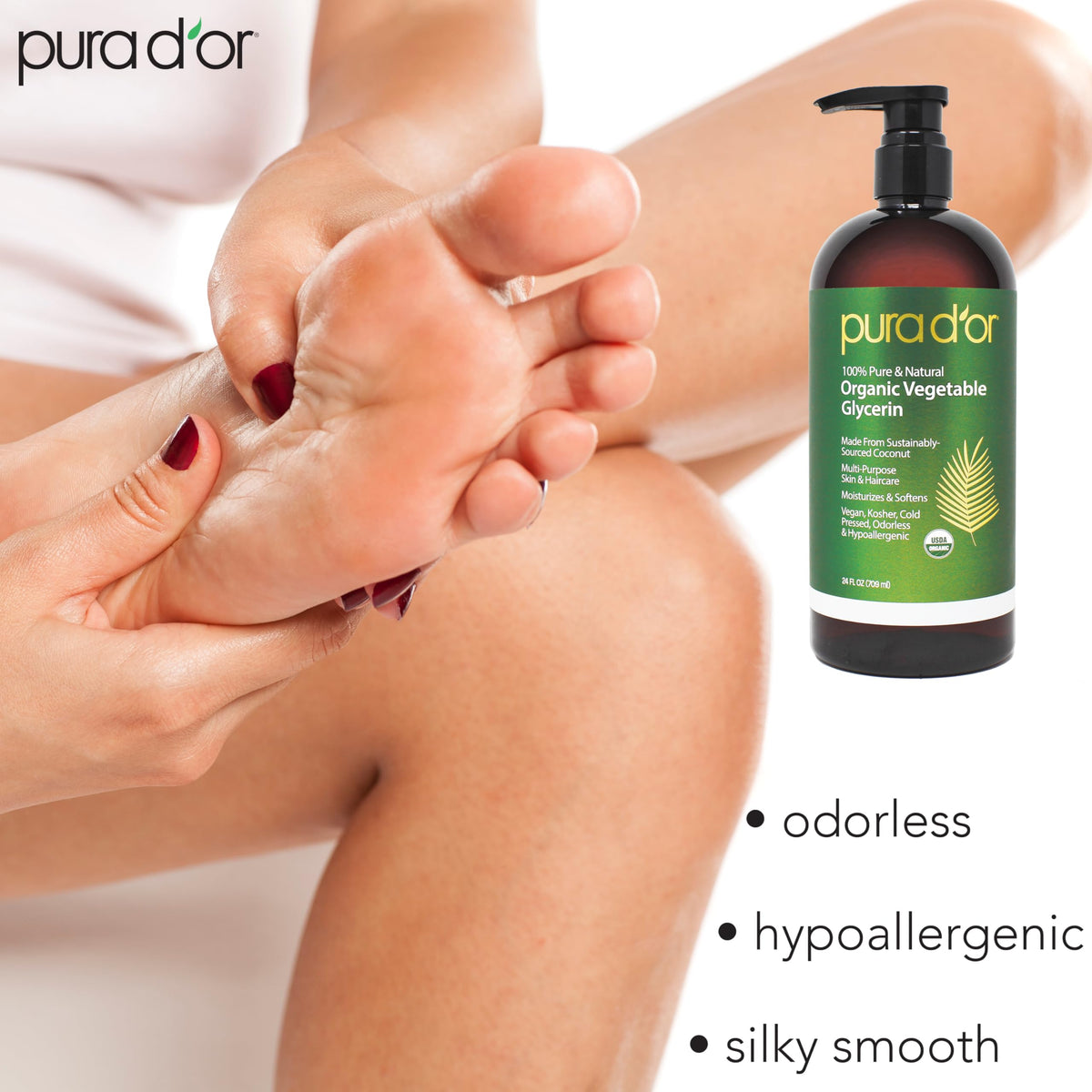 PURA D'OR close-up of glycerin texture highlighting non-sticky absorption benefit