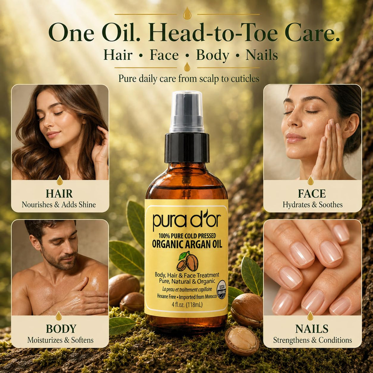 PURA D'OR massaged into cuticles and nails to illustrate conditioning benefit