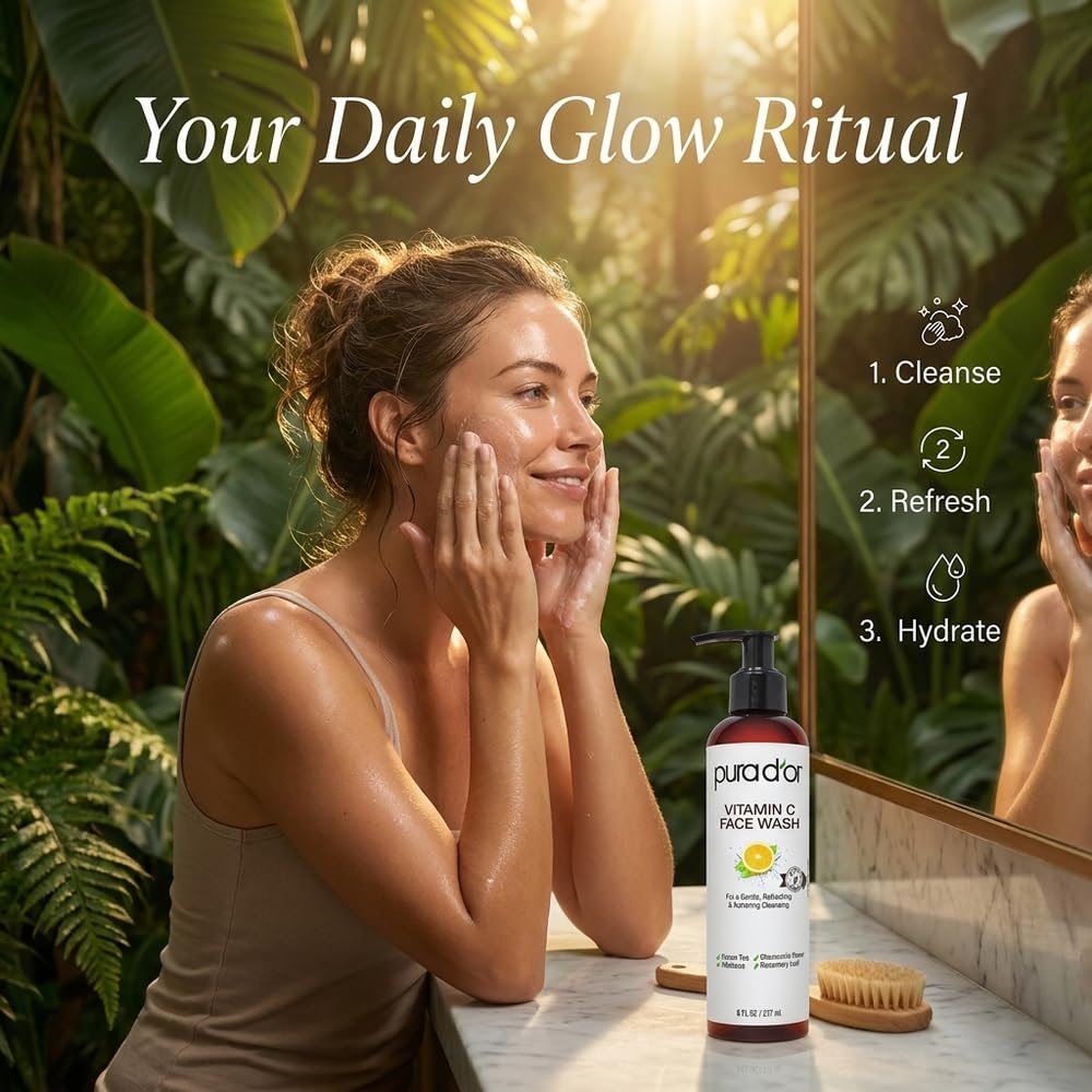PURA D'OR bottle in hand showing 8 oz size and travel-friendly