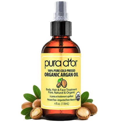 PURA D'OR front bottle view showing organic argan oil and clear benefits
