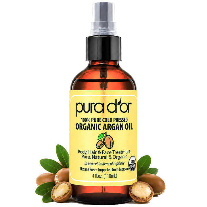 PURA D'OR front bottle view showing organic argan oil and clear benefits
