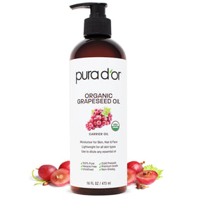 PURA D'OR front bottle view showing organic grapeseed oil for hydration